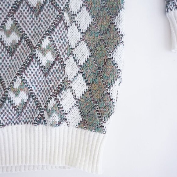 '80s Lavane White Teal 3D Argyle Biggie Cosby Eclectic Knit Crew Neck Sweater M - Picture 6 of 9